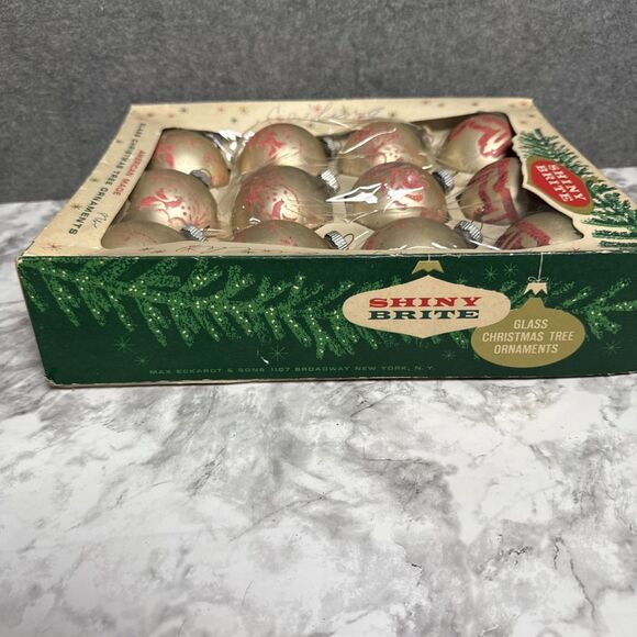 Vtg Shiny Brite Glass Ornaments Box 12 Stencil Glitter Solid Xmas USA READ - Picture 8 of 10
